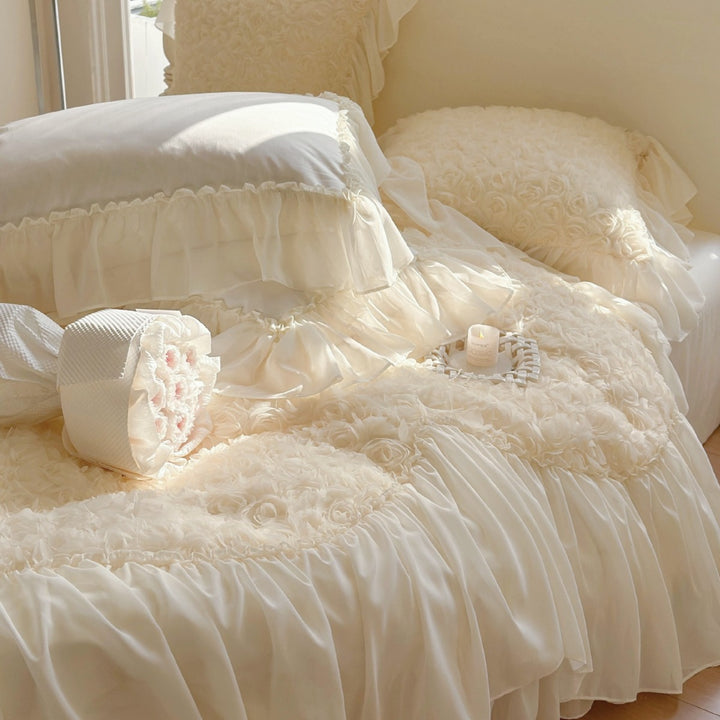Romantic luxury bedding set with ruffles, rose appliqué, and frill