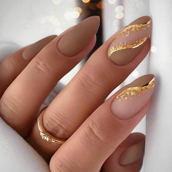 Elegant Press-On Nail Set with Decorative Gold Stripe Design Kalsten