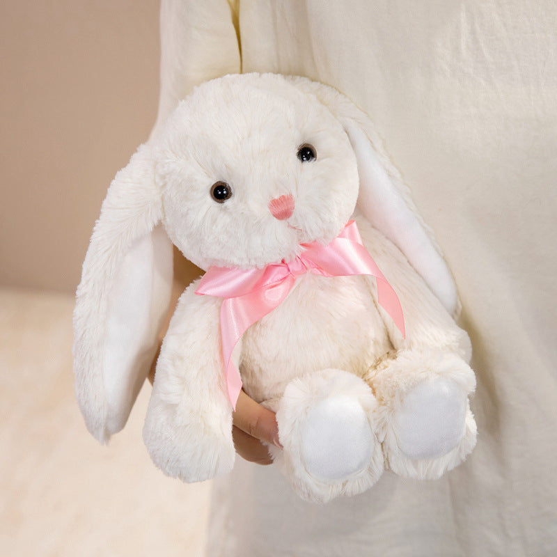Plush Floral-Lined Ear Bunny Stuffed Toy with Embroidered Face and Curly Faux Fur Kalsten