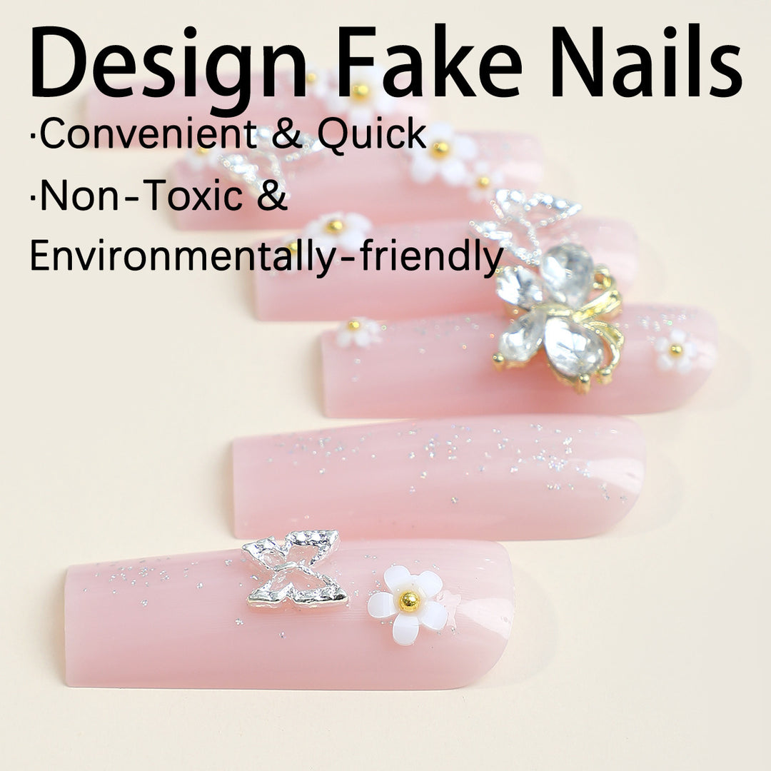 Artificial nail set with floral and glittering accents Kalsten