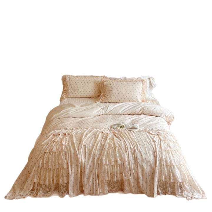 Vintage-inspired bedding set with pleated bedspread and delicate lace trim