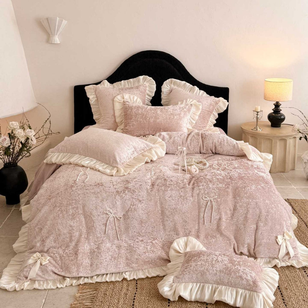 Romantic ruffle bedding set with bow appliqués and soft touch