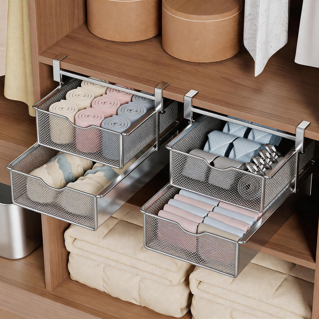 Under-Shelf Pull-Out Metal Mesh Storage Drawer with Clamp Mount
