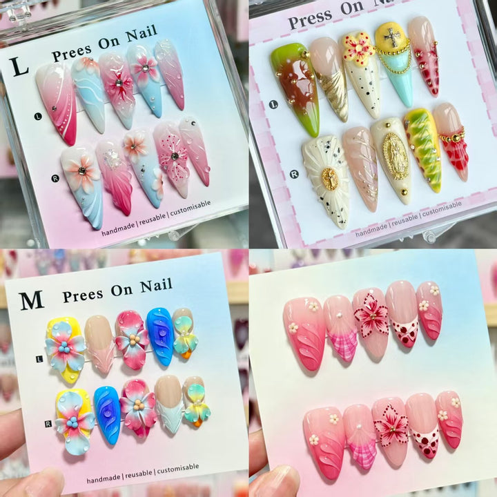 Artistic Press-On Nail Set with Floral and Green Accents