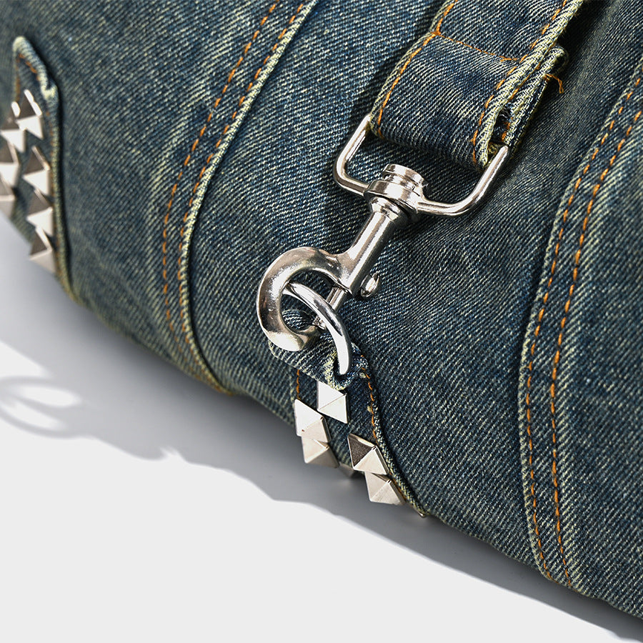 Distressed Denim Hobo Bag with Studded Accents