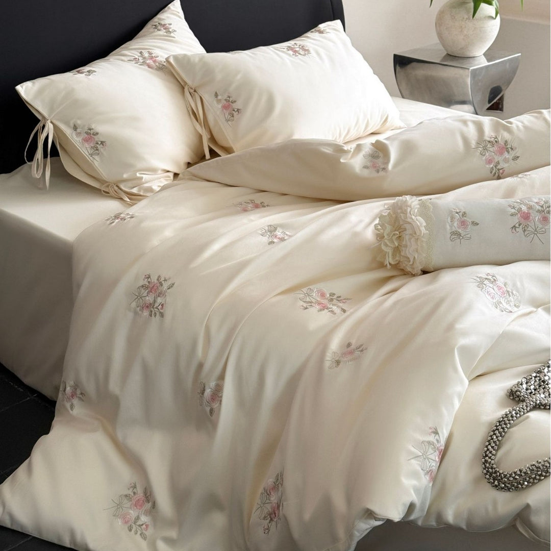 Satin bed linen set with floral hand embroidery and silky shiny finish Kalsten