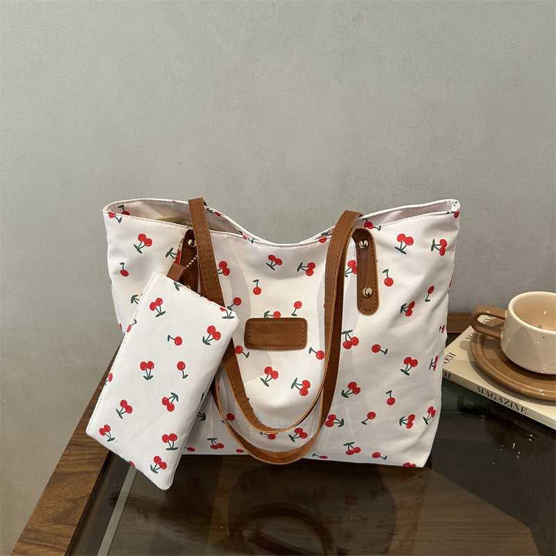 Stylish Cherry-Printed Tote Bag with Removable Pouch