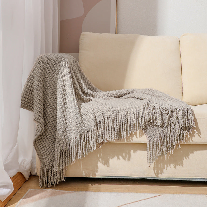 Textured Fringe Knit Throw Blanket Kalsten
