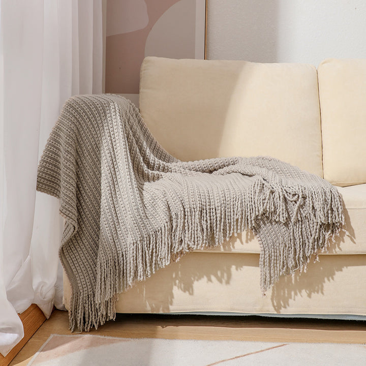 Textured Fringe Knit Throw Blanket Kalsten