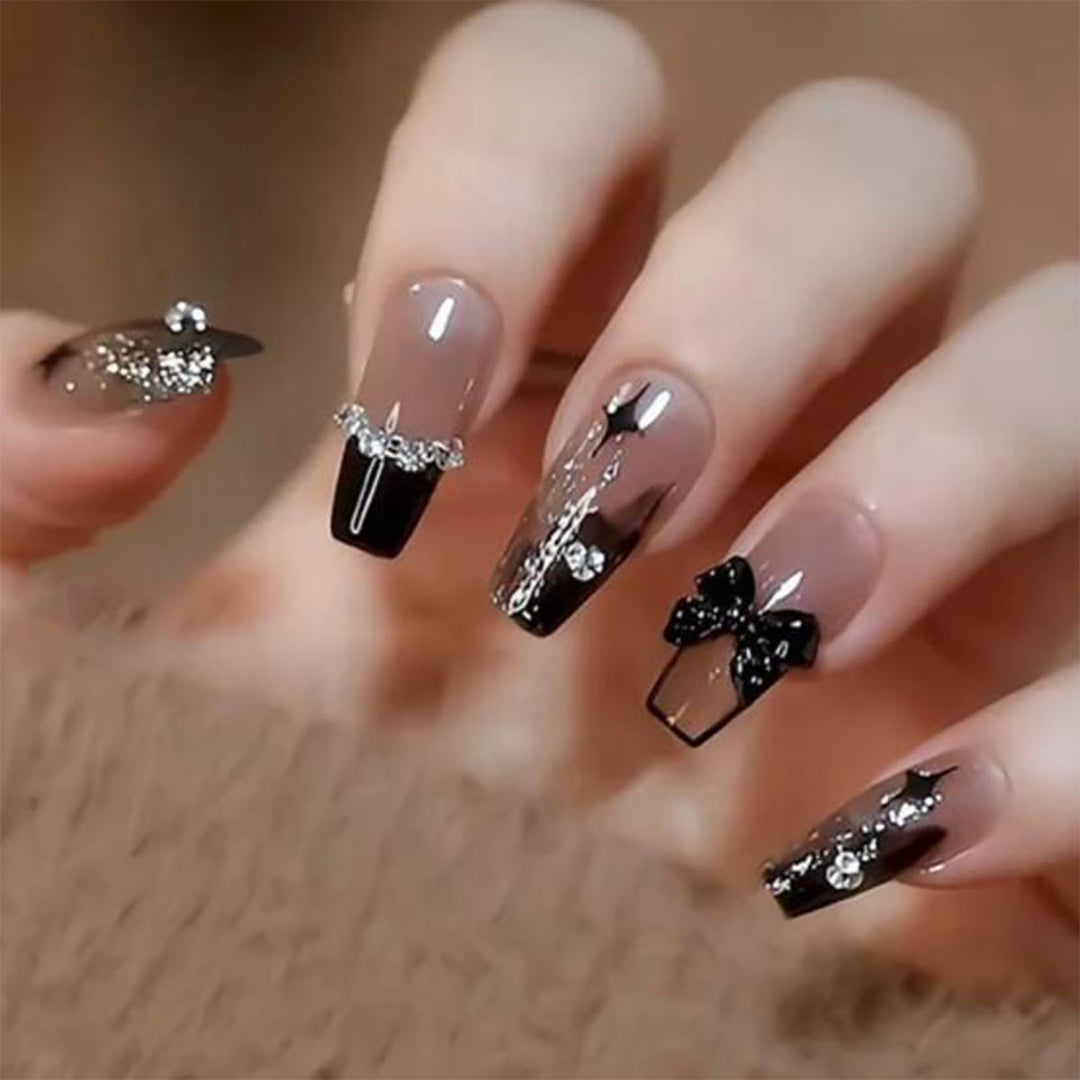 Decorative Press-On Nail Set with Gemstone and Bow Accents