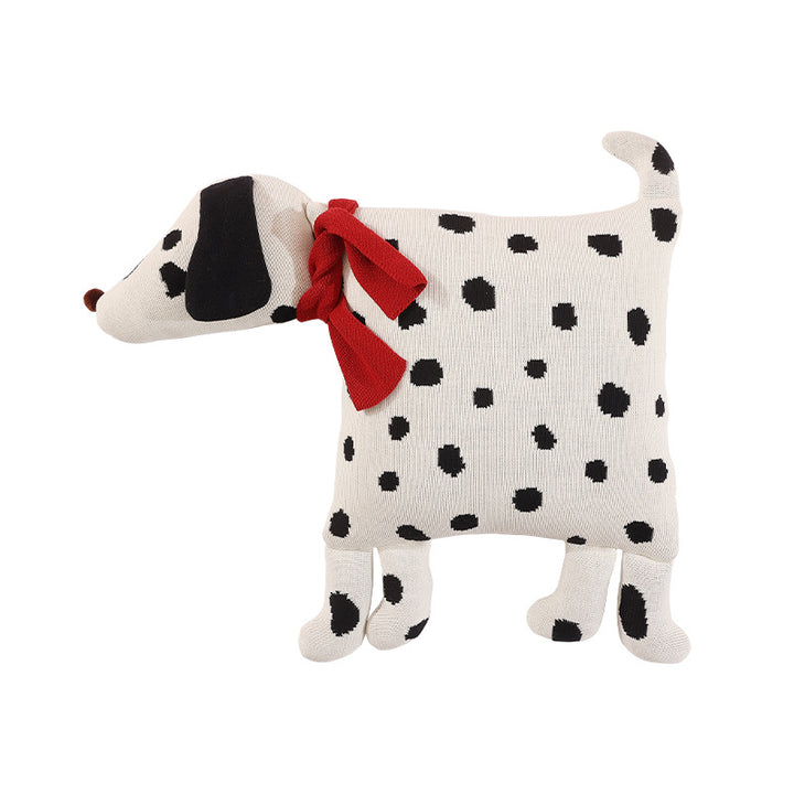 Decorative knitted cuddle pillow in the shape of a dog with a quilted body and bow detail Kalsten