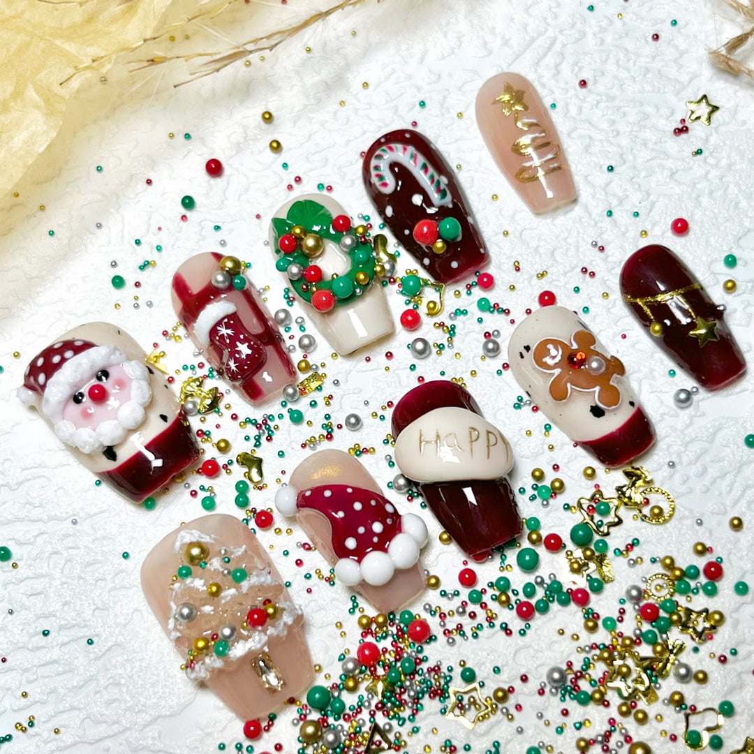 Holiday-Themed Press-On Nail Art Set with Festive Icons