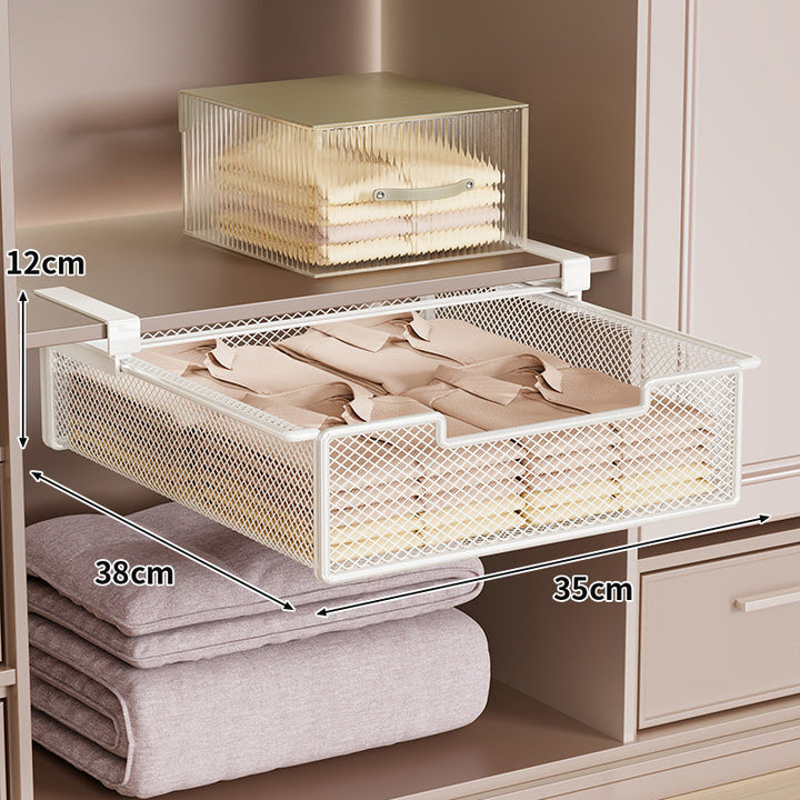 Under-Shelf Sliding Mesh Drawer Organizer with Clip-On Mount and Ventilated Metal Basket