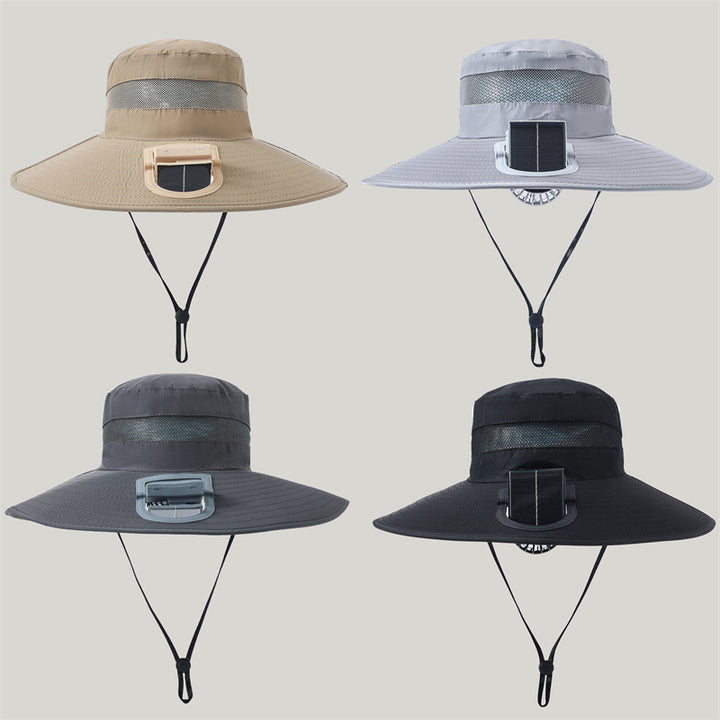 wide-brimmed outdoor sun hat with solar module, quiet mini fan, and adjustable chin strap Kalsten
