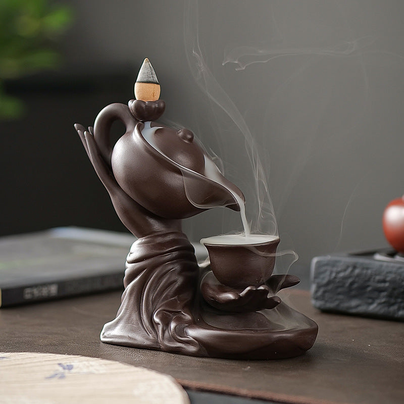 Ceramic Backflow Incense Burner Teapot Pouring Into Cup Hand Sculpture