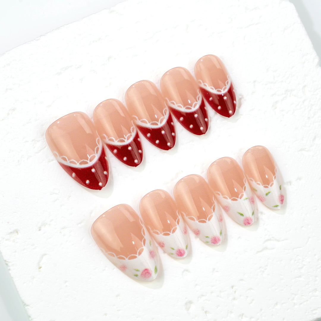 Artistic Press-On Nail Set with Vintage Floral and Polka Dot Design Kalsten