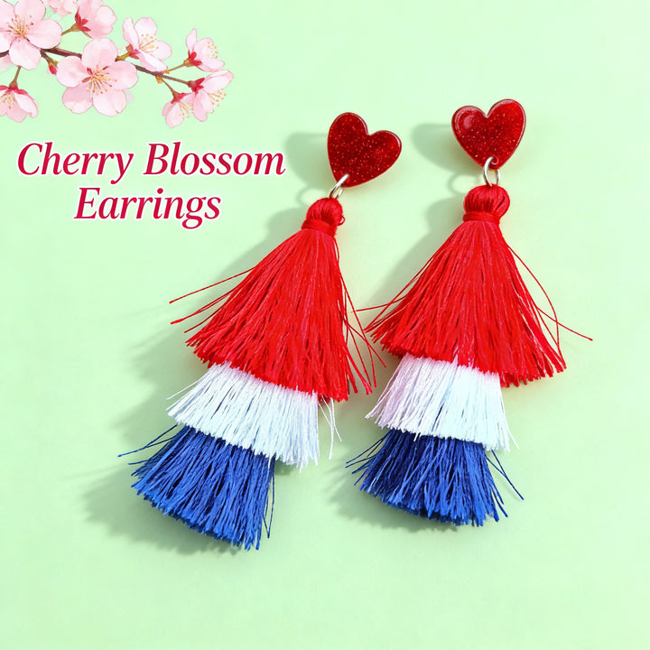 Women's nan tiered fringe tassel statement drop earrings with glitter disc stud and layered silk-like threads Kalsten