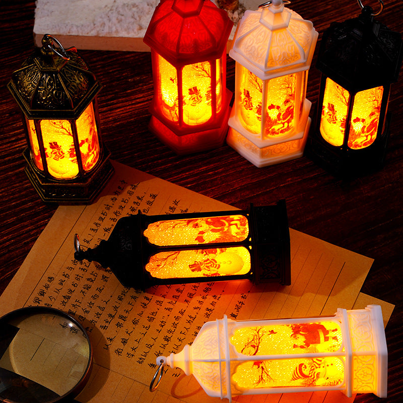 Vintage Moroccan-Style LED Snow Lantern with Rotating Christmas Scene