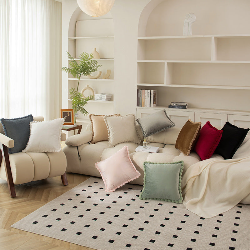 Plush Velvet Square Decorative Throw Pillow with Pom-Pom Border and Removable Cover