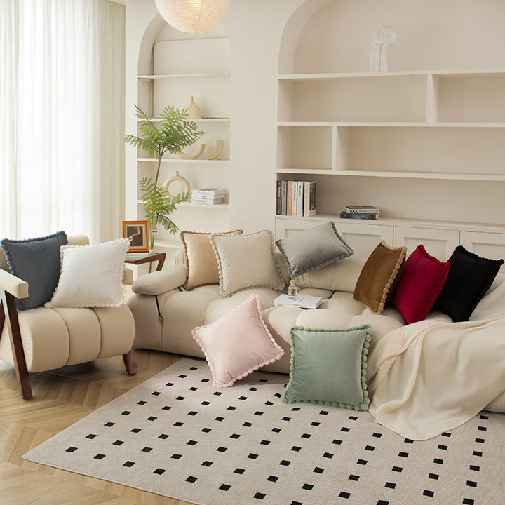 Plush Velvet Square Decorative Throw Pillow with Pom-Pom Border and Removable Cover