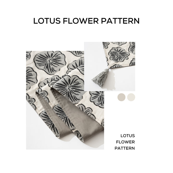 Elegant linen table runner with tassels and decorative print