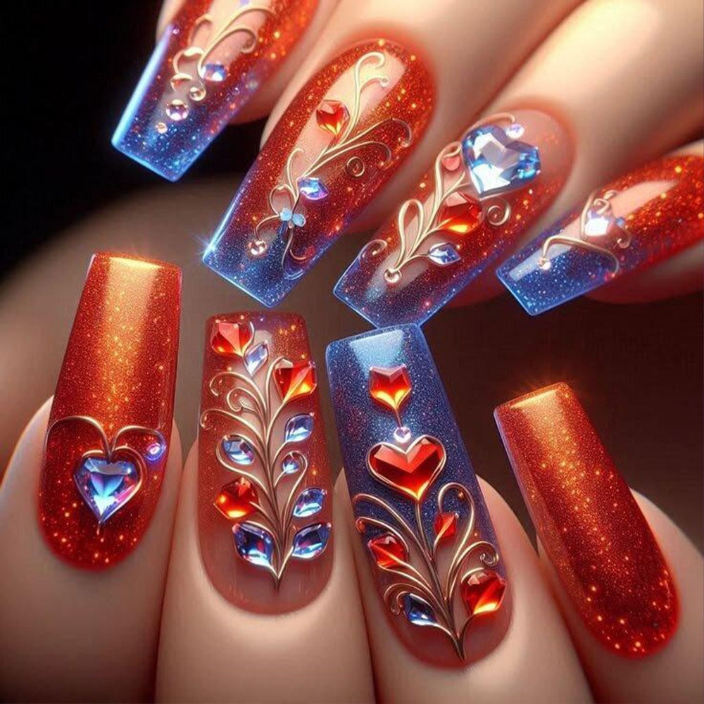 Elegant Artificial Nails with Detailed Gold Decorations Kalsten