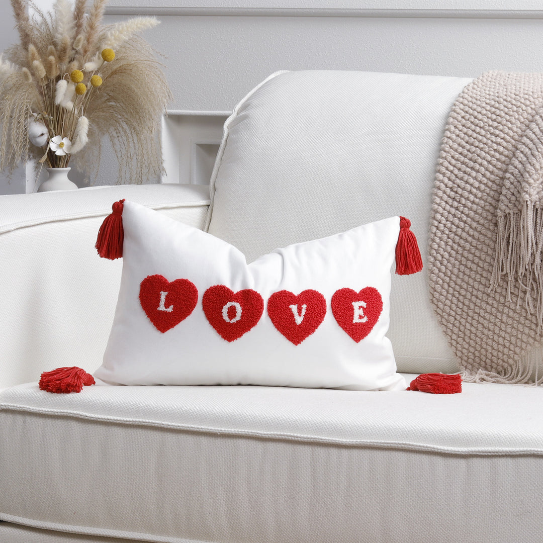Plush Heart Appliqué Tassel Corner Decorative Throw Pillow Cover