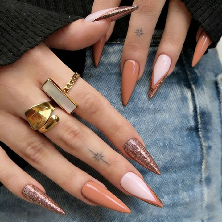 Stiletto-Shaped Press-On Nail Set with Glitter Accents