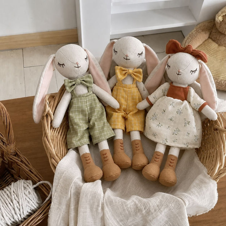 Heirloom-Style Floppy-Ear Bunny Doll with Layered Linen Dress