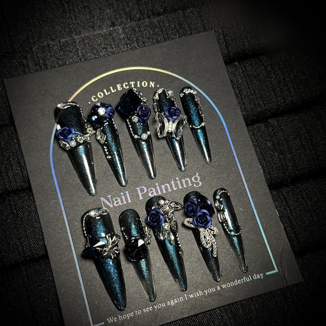 Glamorous Stiletto Press-On Nail Set with Floral Embellishments