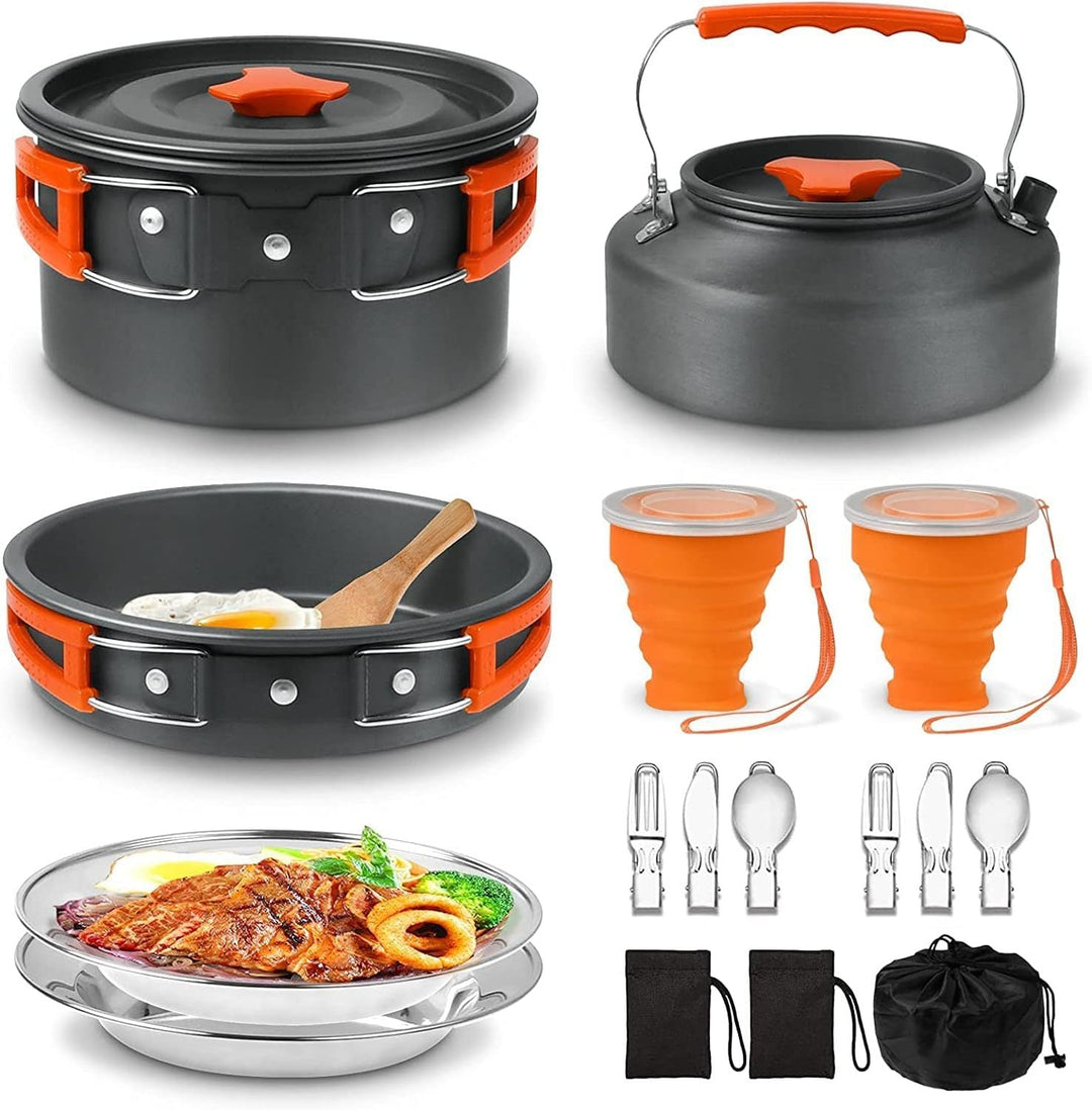 lightweight nonstick anodized aluminum camping cookware set with folding-handle pot and kettle, collapsible silicone cups, stainless plates and cutlery Kalsten