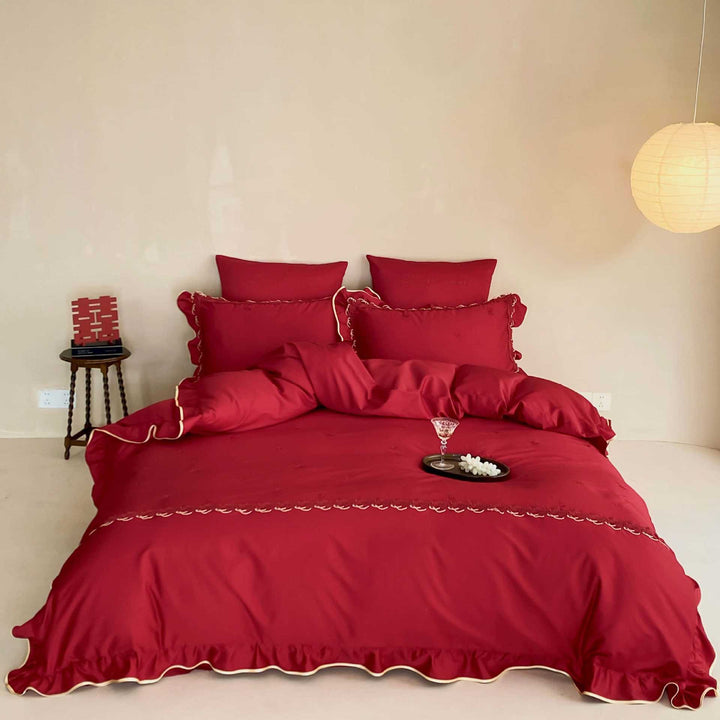 Luxurious cotton satin bedding set with ruffles and decorative seams