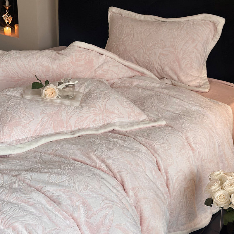 Quilted Velvet Duvet Cover Set with Floral Relief and Soft Filling Edge