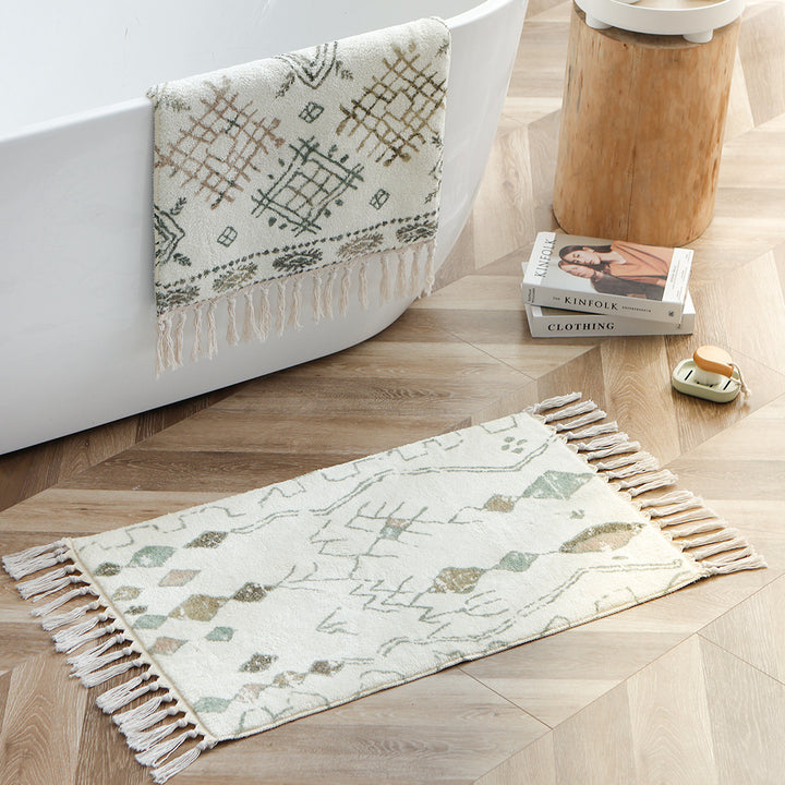 Soft cotton bathroom runner with fringes and geometric check design