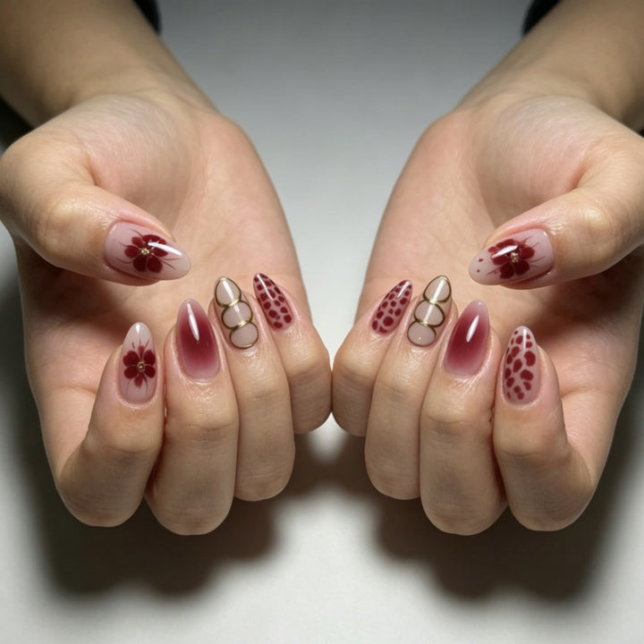Artistic Press-On Nail Set with Floral and Ombre Designs Kalsten