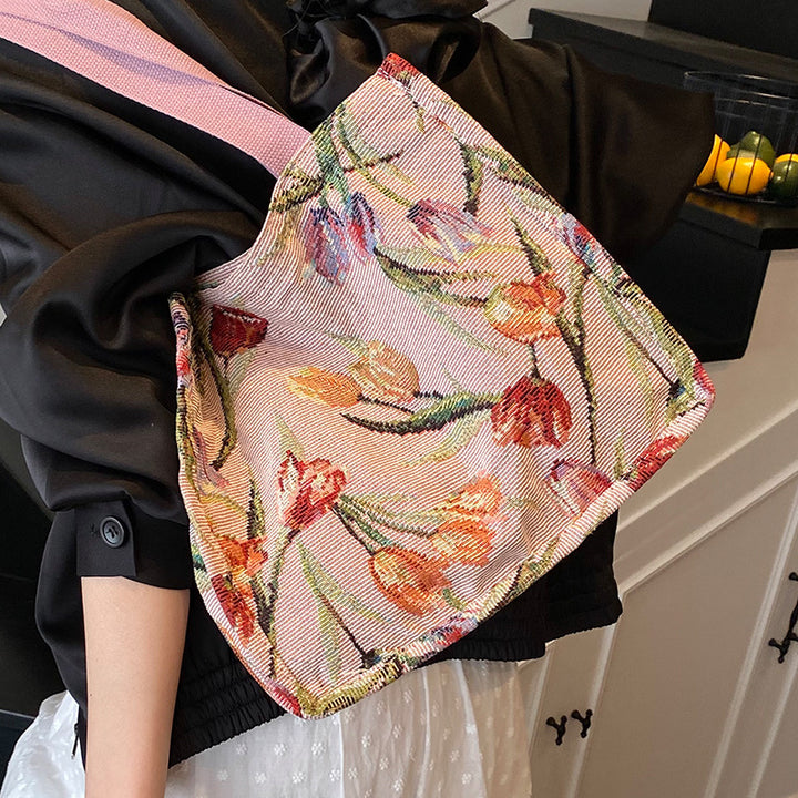 Floral Embroidered Shoulder Tote Bag