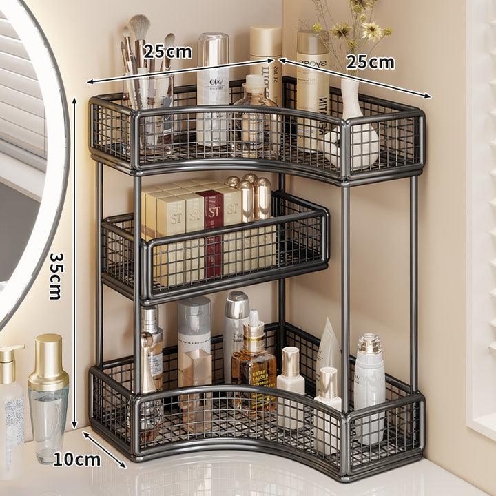 Curved Corner Triple-Tier Metal Mesh Vanity and Countertop Organizer