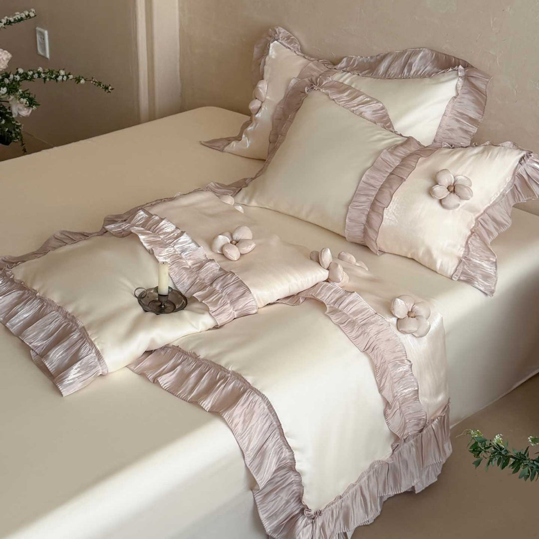 Premium duvet cover set with artistically crafted flowers, pleated ruffle and silky-matt finish