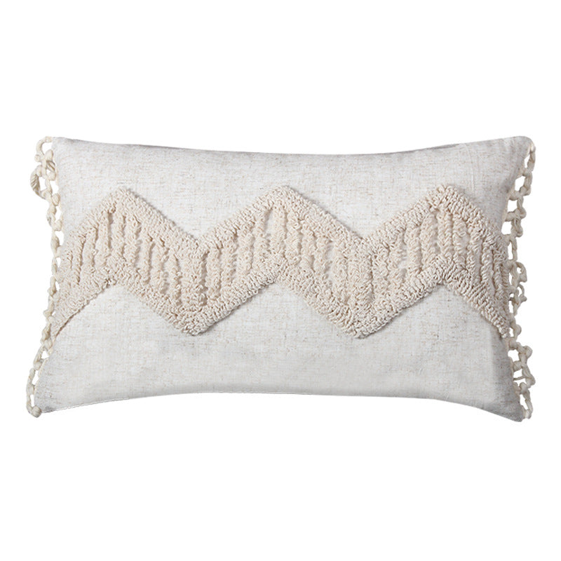 Decorative Boho Textured Lumbar Throw Pillow with Zigzag Tufted Crochet and Knotted Fringe