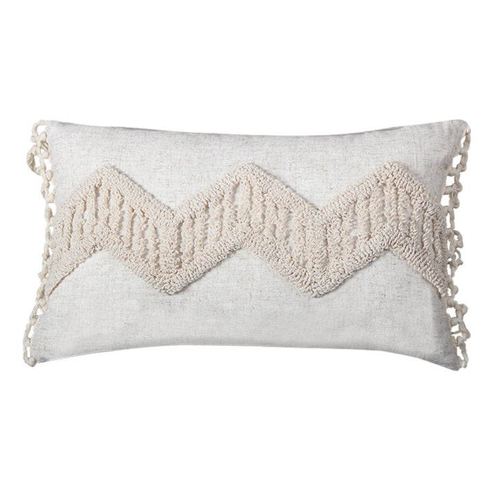 Decorative Boho Textured Lumbar Throw Pillow with Zigzag Tufted Crochet and Knotted Fringe