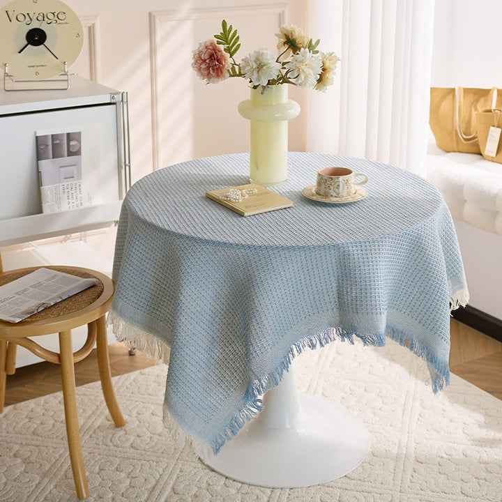 Round Textured Waffle-Weave Fringe Tablecloth with Tassel Edge