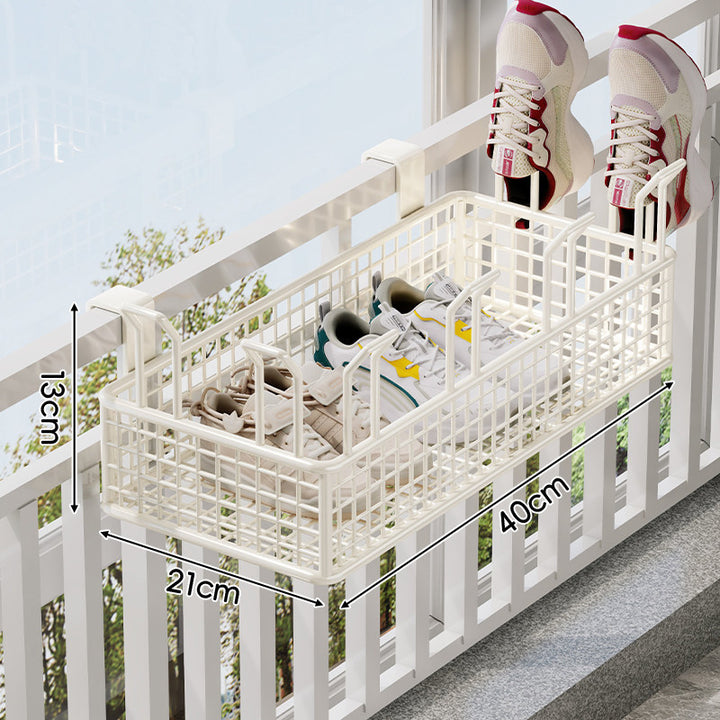 Over-Rail Balcony Shoe Drying and Storage Basket with Divided Mesh Compartments