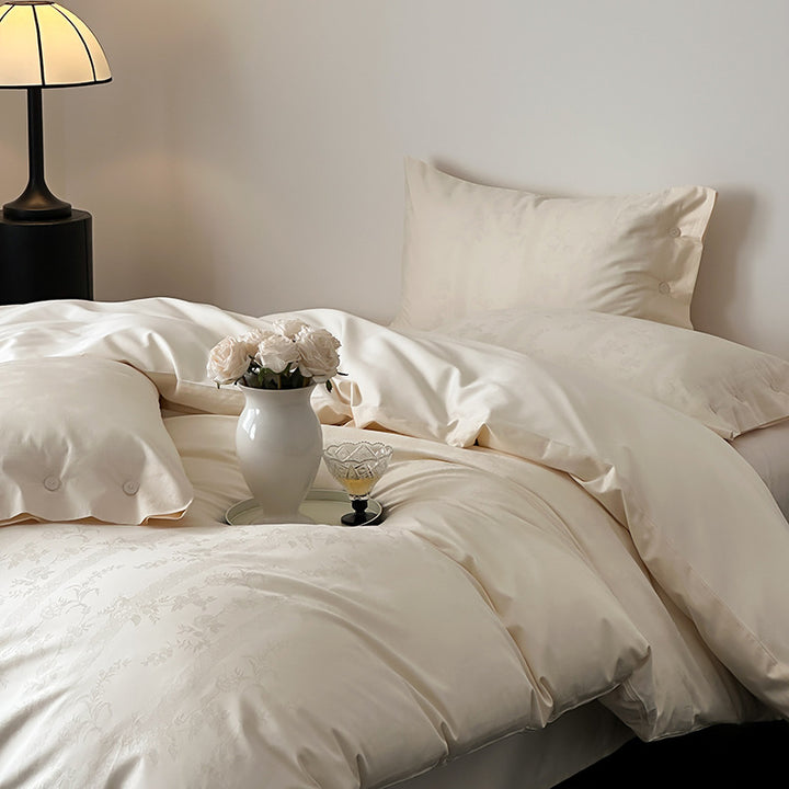 Premium duvet cover set made of cotton satin with tonal floral jacquard and button closure