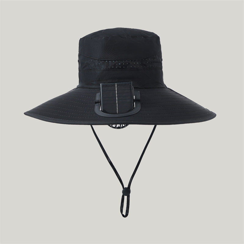 wide-brimmed outdoor sun hat with solar module, quiet mini fan, and adjustable chin strap Kalsten