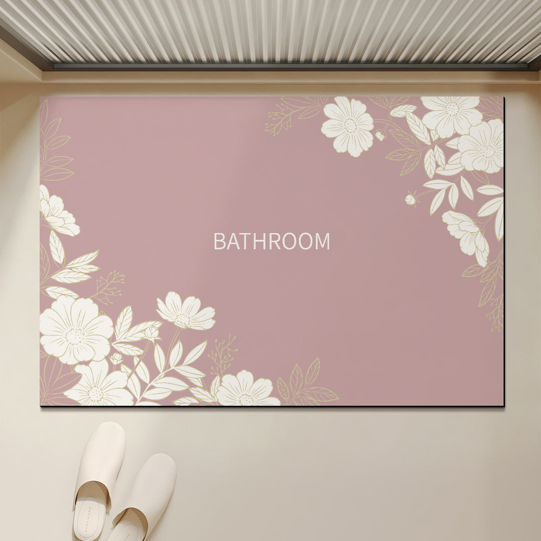 Absorbent Anti-Slip Bathroom Door Mat with Floral Corner Print and Quick-Dry Microfiber Surface
