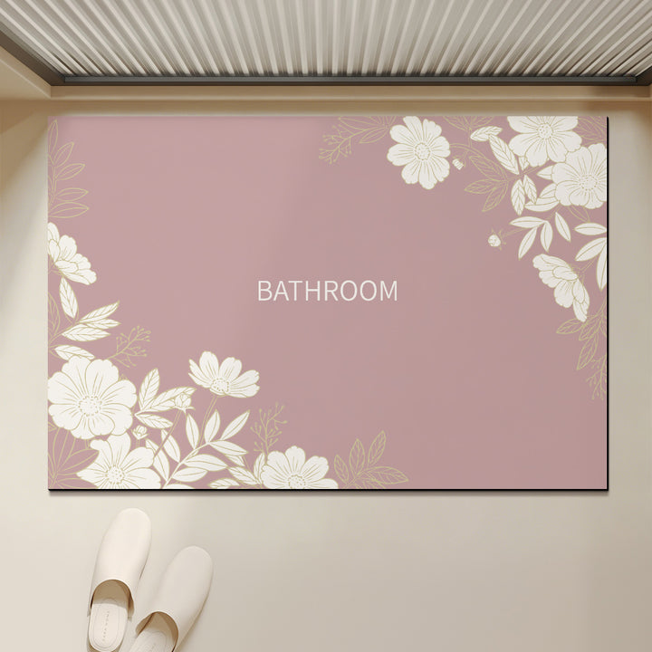 Absorbent Anti-Slip Bathroom Door Mat with Floral Corner Print and Quick-Dry Microfiber Surface