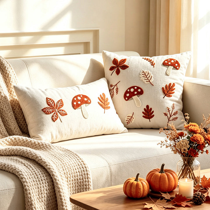 Embroidered Autumn Throw Pillow Cover with Mushroom and Leaf Appliqué
