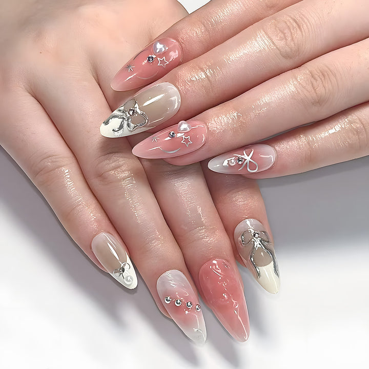 Artistic Press-On Nail Set with Rhinestone and Bow Accents Kalsten