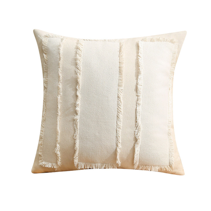 Fringed Patchwork Linen-Blend Square Decorative Throw Pillow Cover