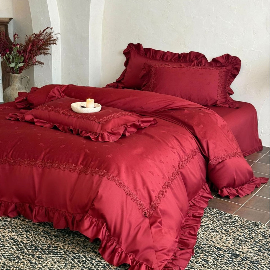 Luxurious bedding set with ruffles and delicate embroidery made of satin cotton
